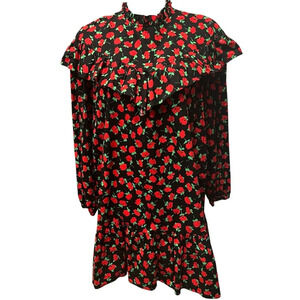 Zara Floral Poppie Ruffle Dress High Neck Keyhole Back Cotton Coquette Size S.